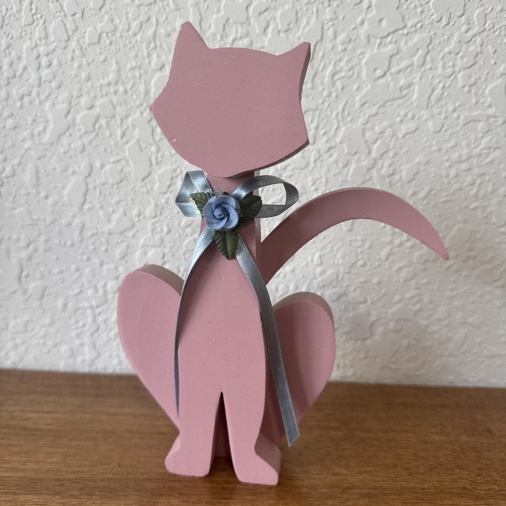 Wooden Pink Cat Folk Art Vintage Cottage Core Grandma Core